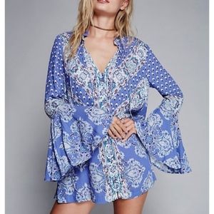 Free People Blue/Maroon Printed Tunic/Mini Dress
